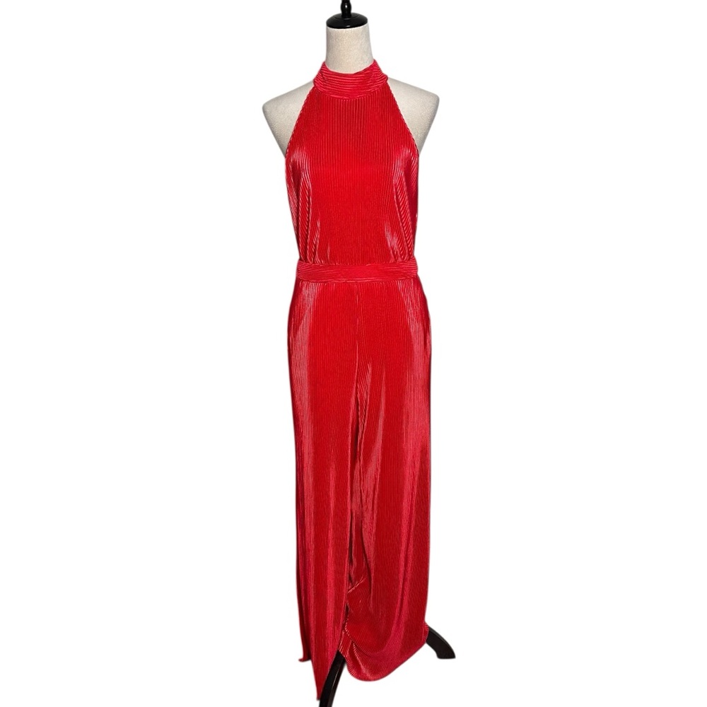 Fate Red Pleated Halter Neck Wide Leg Jumpsuit M | Dramatic Statement Night Out